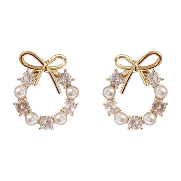 Macy's Jewelry - Macy’s S925 Gold Bow Pearl & Cubic Zirconia Stud Earrings